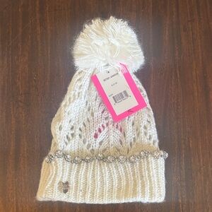 Betsey Johnson White Knit  Beanie with Pom Pom & Jewels